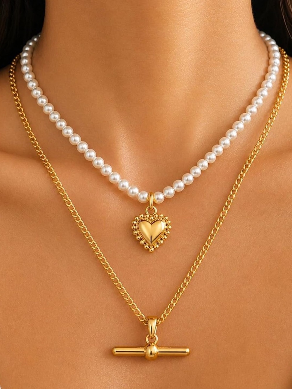 Anthropologie White Pearl & Gold Heart Layered Necklace